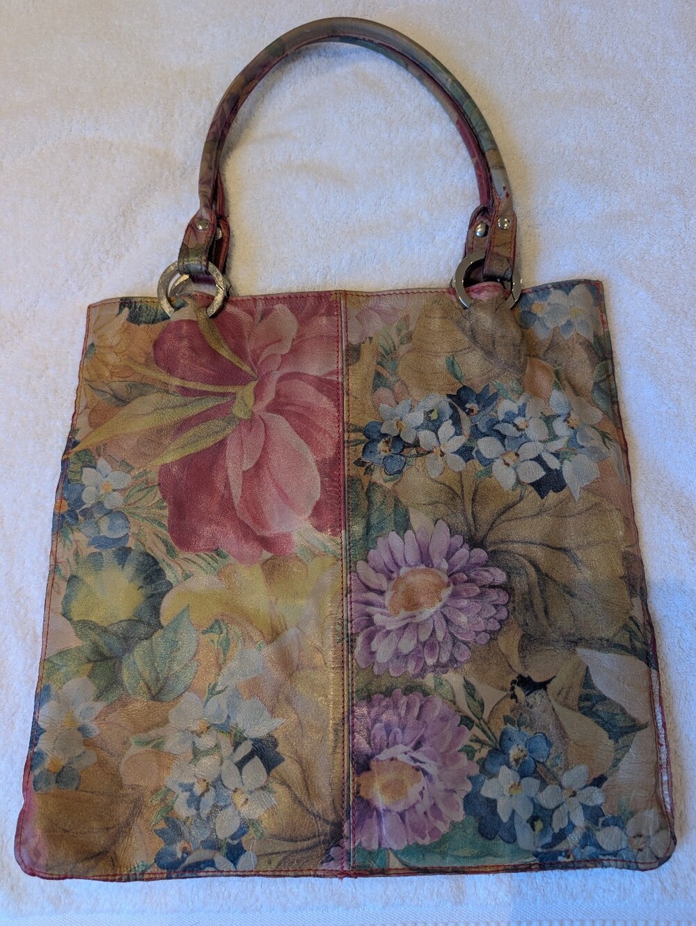 Vintage Cecconi Piero Italian Leather Floral Botanical Tote Bag Cottagecore